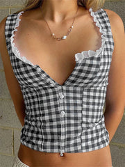 Women's Retro Plaid Tank Tops Sleeveless Button Down Lace Trim Cropped Tops Backless Bandage Casual Summer Vest Shirts New