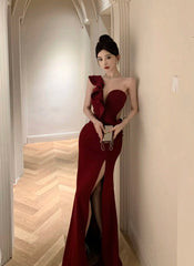 Elegant Fashion Wedding Evening Party Long Dresses for Women Sexy Split Sleeveless Slim Ladies Vintage Red Prom Female Clothing