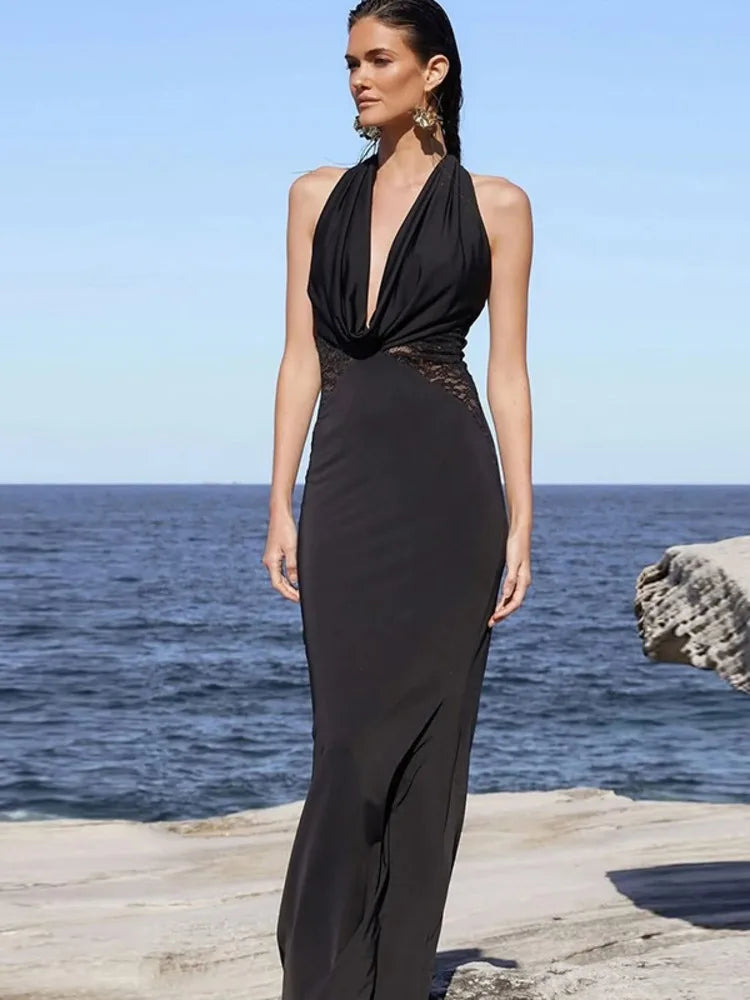 Halter Deep V Neck Sexy Maxi Dress For Women Gown Black Lace Off-shoulder Backless Sleeveless Bodycon Long Dress