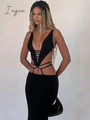 Ingvn - Sexy Bandage Hollow Out Slip Maxi Dress for Women Party Club Elegant Outfits Summer Holiday Backless Dresses Slim