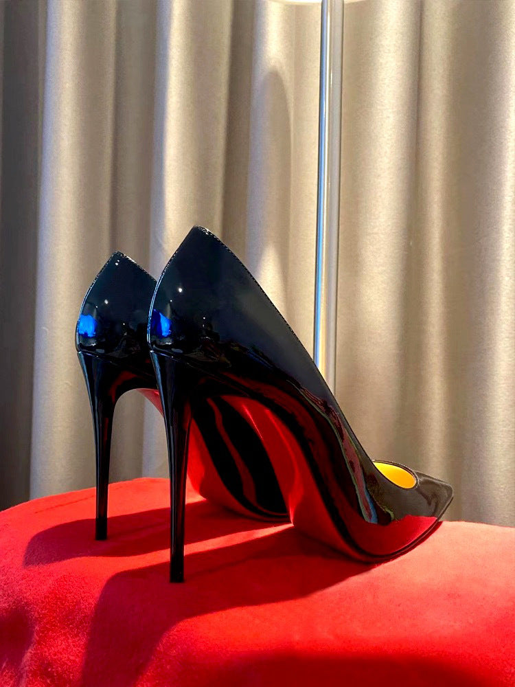 Red Bottom Black High Heels Women's Thin Heel Sexy Night Game Spring and Autumn New Bed Patent Leather Pure Desire Style Single Shoes