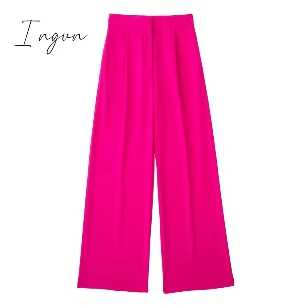 Ingvn - Women Fashion Solid High Waist Wide Leg Pants Suit Female Casual Front Zipper With Pockets Ladies Loose Long Trousers
