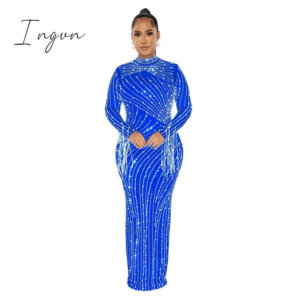 Ingvn - Women's Sexy See Through Rhinestone Bead Mesh Dress Luxury High Neck Long Sleeve Tassels Maxi Party Night Dresses 2 Piece Set