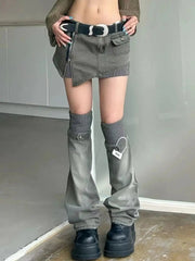 American retro patterned patchwork denim suit half skirt women Y2K irregular short skirt leg cover two-piece set for wearing