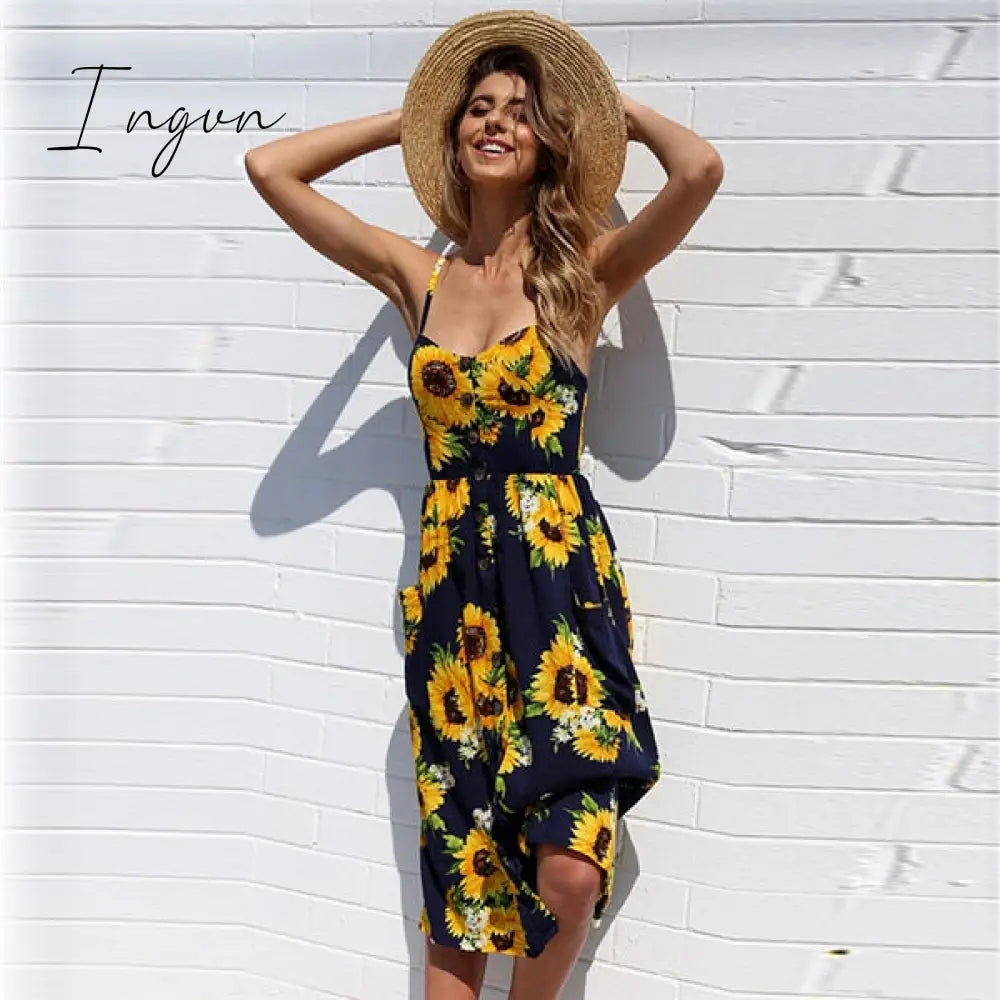 Ingvn - Boho Sexy Floral Dress Summer Vintage Casual Sundress Female Beach Dress Midi Button Backless Polka Dot Striped Women Dress