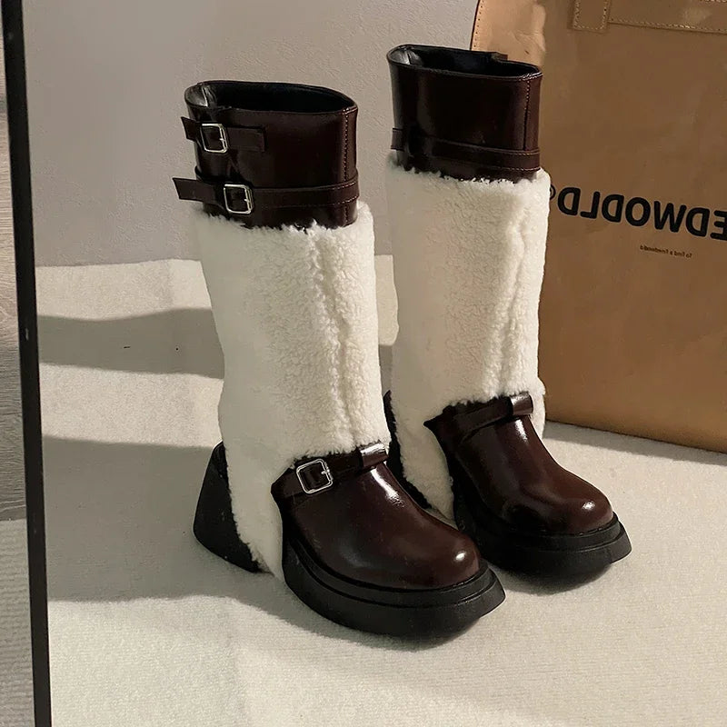 Ingvn  Platform Women Knee-High Boots Fashion Fur Removable Shoes Autumn Winter Thick Heel Women's Knight Long Booties