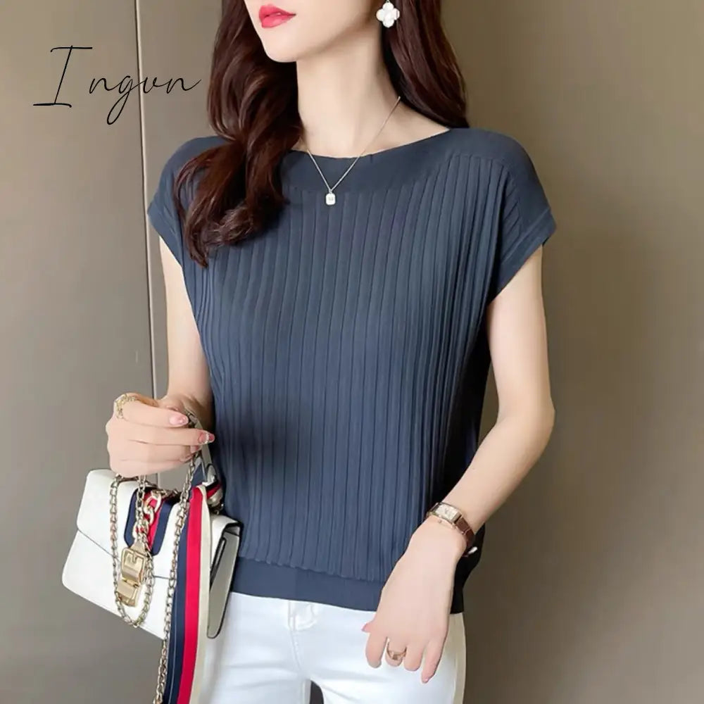 Ingvn - Bat-Sleeved Short-Sleeved T-Shirt Women's Summer New Black Ice Silk Knitted Sweater Loose One-Word Collar Top Thin