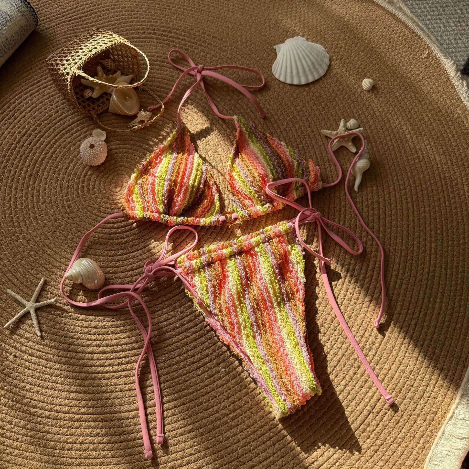 New Color-matching Jacquard Sexy Drawstring Strap Swimwear Swimsuit Bikini