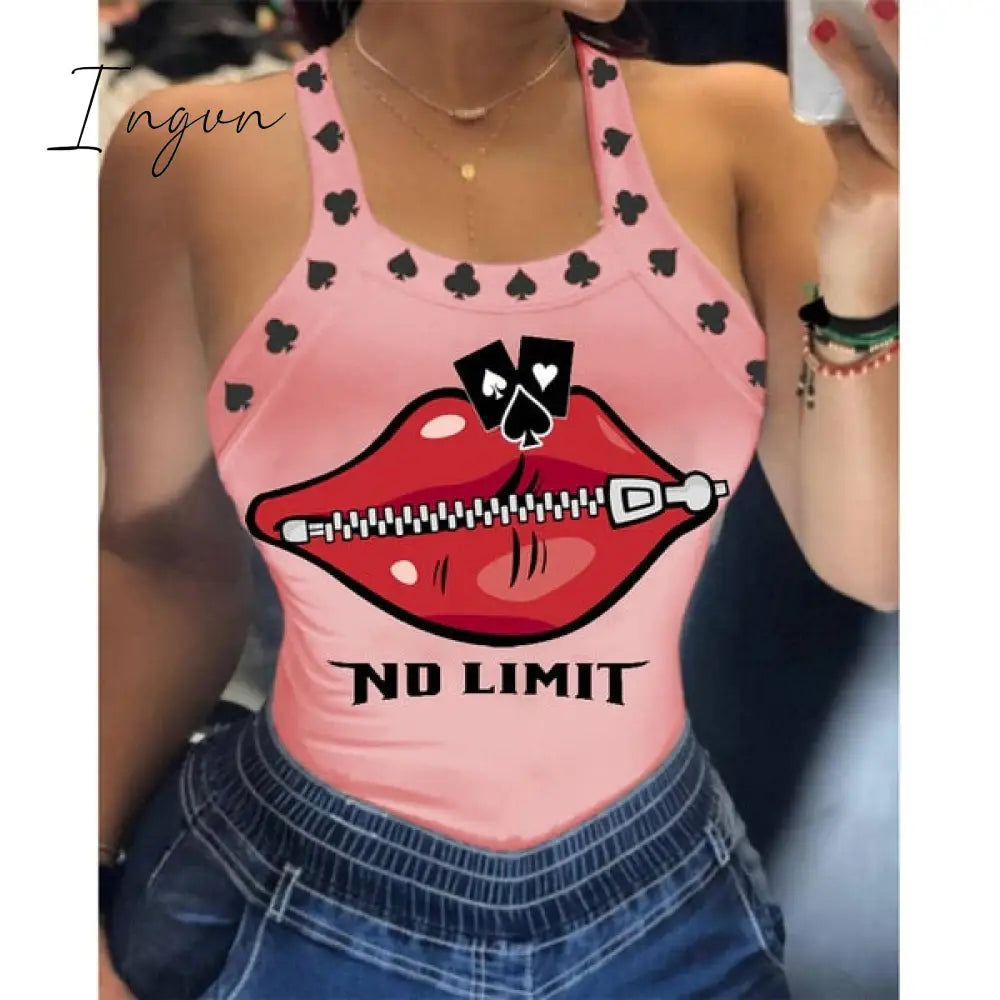 Ingvn - Tank Tops Women U Neck Letter Print Lips Vest Summer Ladies Harajuku Shirts Slim Fit Polyester Sleeveless Top Tshirts