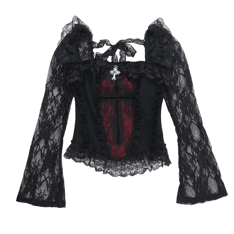 Mall Gothic Vintage Lace T-shirt Women Palace Style Sexy Cross Lace Patchwork Square Collar Flare Sleeve Crop Tee Tops