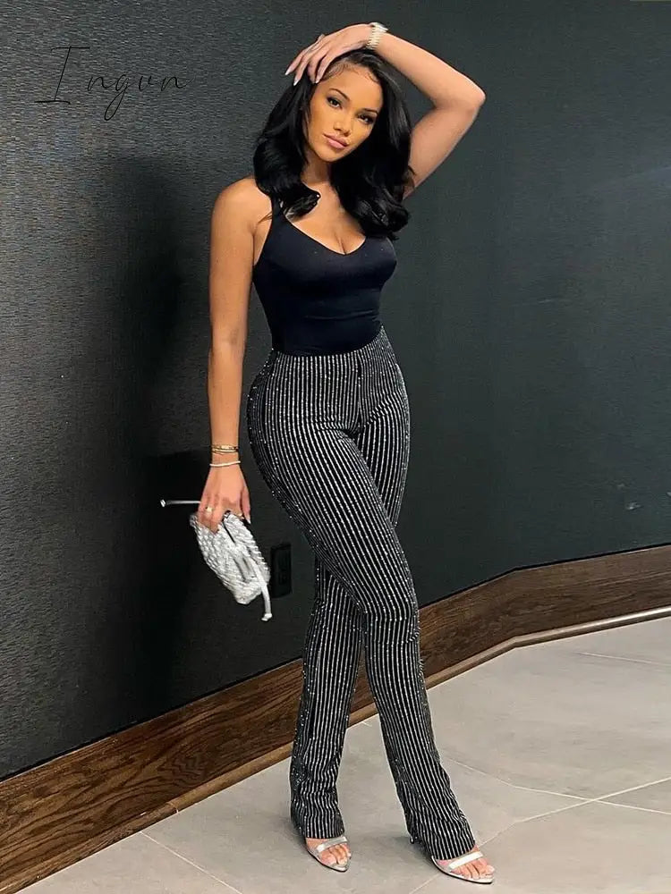 Ingvn - Summer stretchy Black stripe Pants Streetwear Y2K Outfits For Women Fashion Casual High Waist casual party Flare Pants