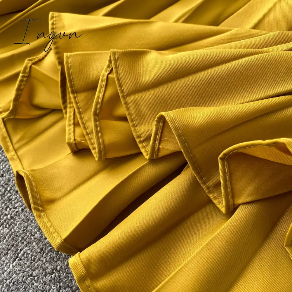 Ingvn - Vintage Women Pleated Long Dress Female Elegant Lantern Long Sleeve High Waist Red/Purple Draped Maxi Vestidos Spring Autumn New