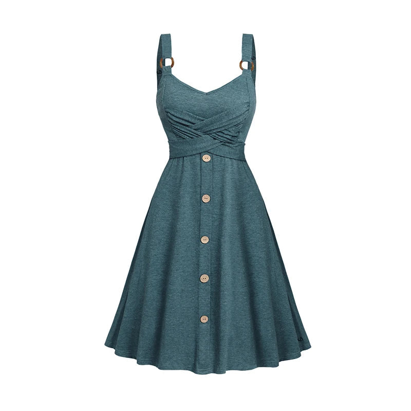 2025 Women's Summer Dresses Heather Crossover Mock Button Dress O Ring Strap High Waisted A Line Mini Casual Dress