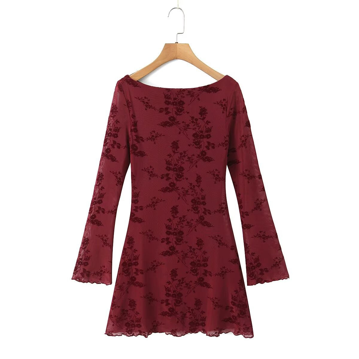 Niche French Style Retro Hot Girl Flocking Pattern Horn Sleeve Long Sleeve Slim-fit Hip Sexy dress Skirt for Autumn