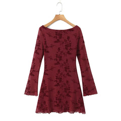 Niche French Style Retro Hot Girl Flocking Pattern Horn Sleeve Long Sleeve Slim-fit Hip Sexy dress Skirt for Autumn