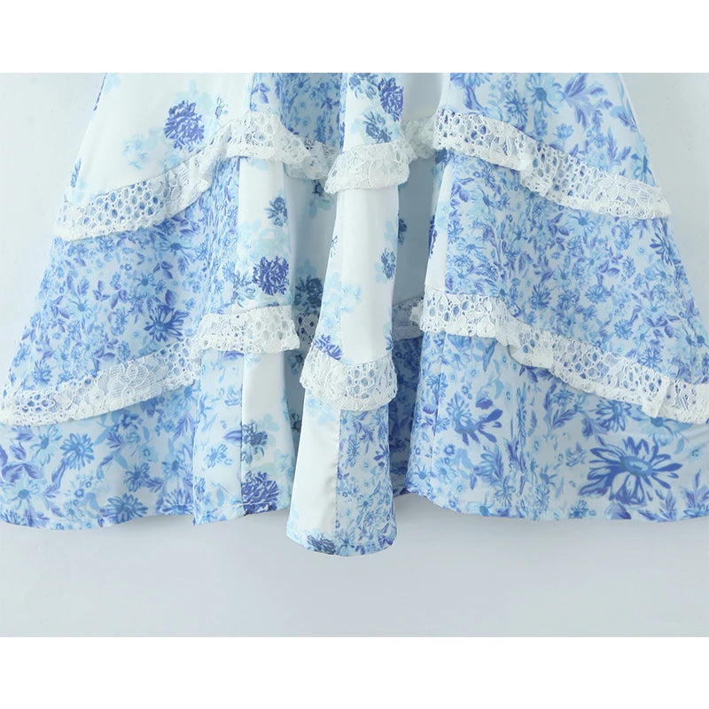 Lace Spliced Blue Floral Print Summer Dress Women Sexy Backless V Neck A-line Mini Dresses Holiday Vestido Boho Robe