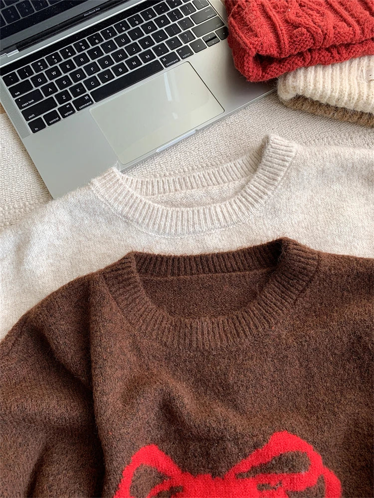 Sweet Knitted Sweater Women Oversized Bow Embroidery Pullover Korean Fashion Casual Jumper All-Match Autumn Winter High Street