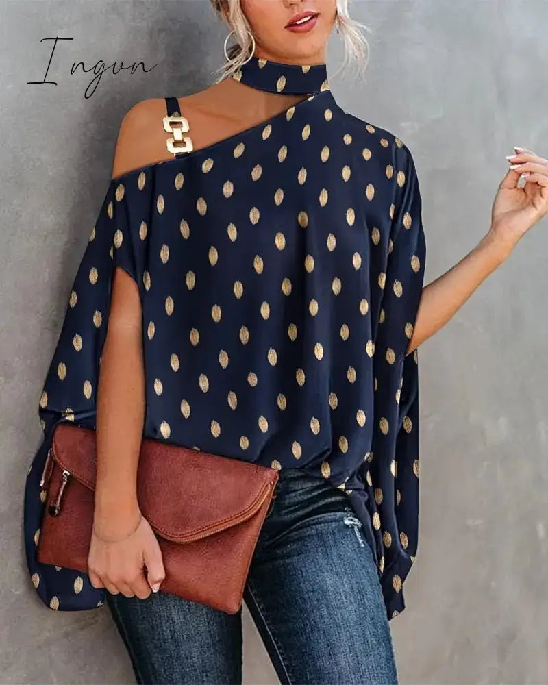 Ingvn - Women Metal Halter Hollow Out Print Top Patchwork Short Sleeve Loose Summer Blouse Femme Fashion Pullovers Casual Youth New
