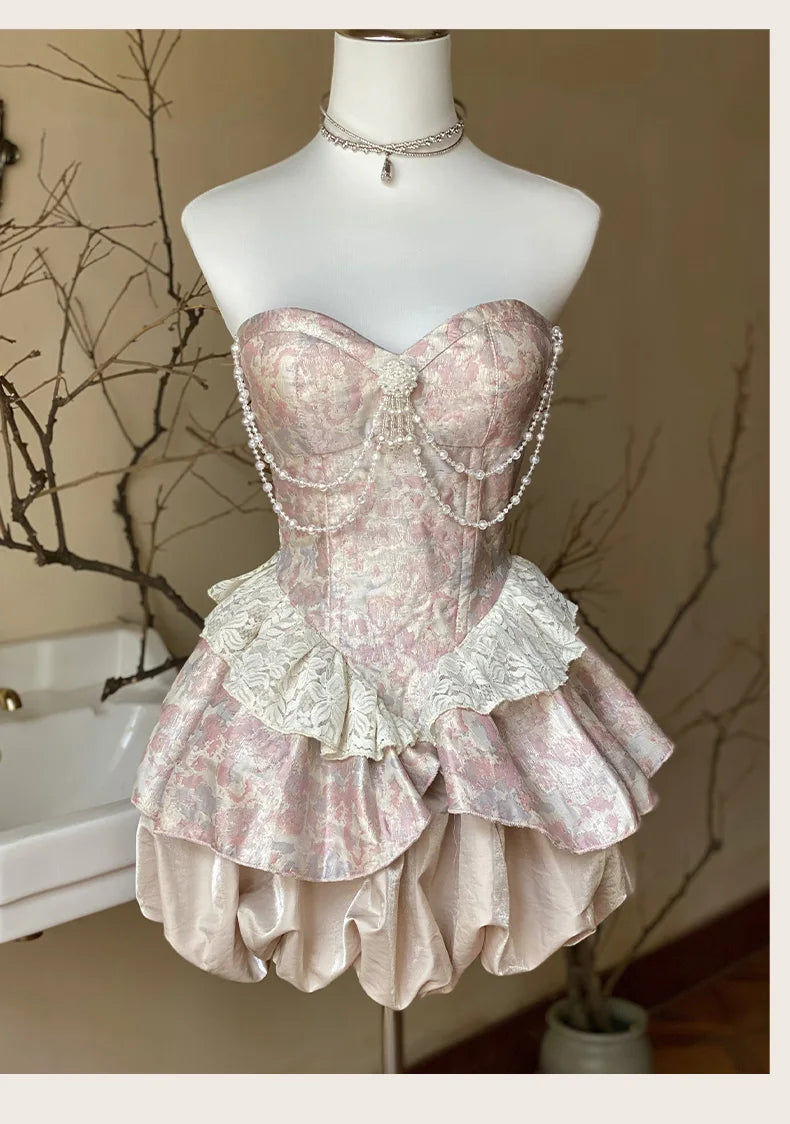 Sweet Elegance Retro Jacquard Strapless Dress for Women Lolita Dresses Cute Pearl Pendant Slim Fit Patchwork Sexy Mini Dress