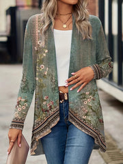 Floral Print Open Front Tunics, Casual Dipped Hem Long Sleeve Outwear For Spring & Fall, Women's Clothing