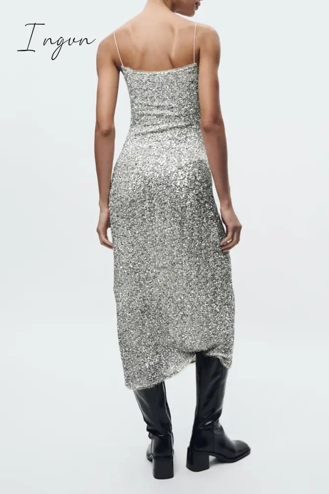 Ingvn - Sexy Solid Sequins U Neck Wrapped Skirt Dresses