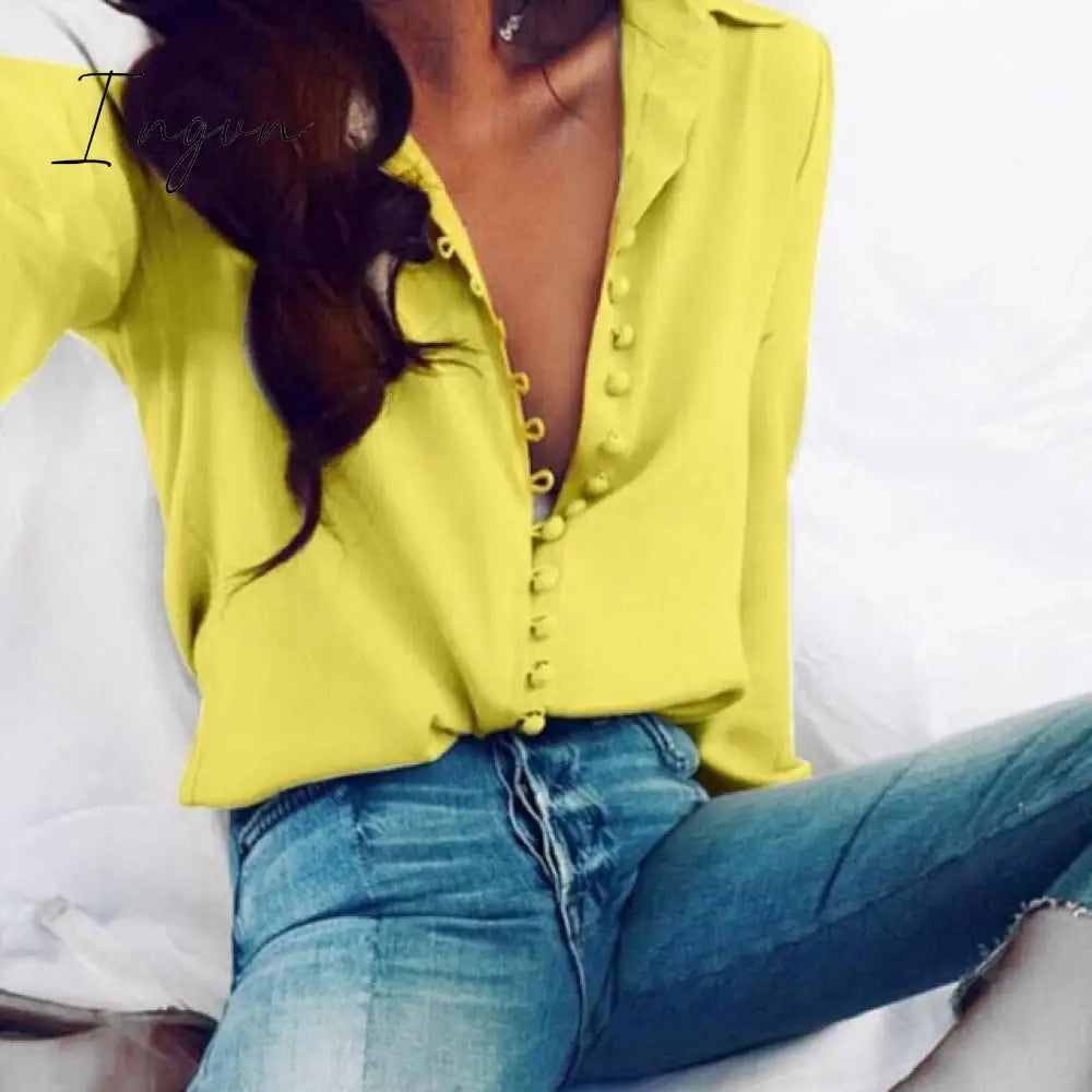 Ingvn - Fashion Casual Solid Color ladies office Tops Sexy Buttons Long sleeve Blouse new Spring Women Chiffon white Shirt