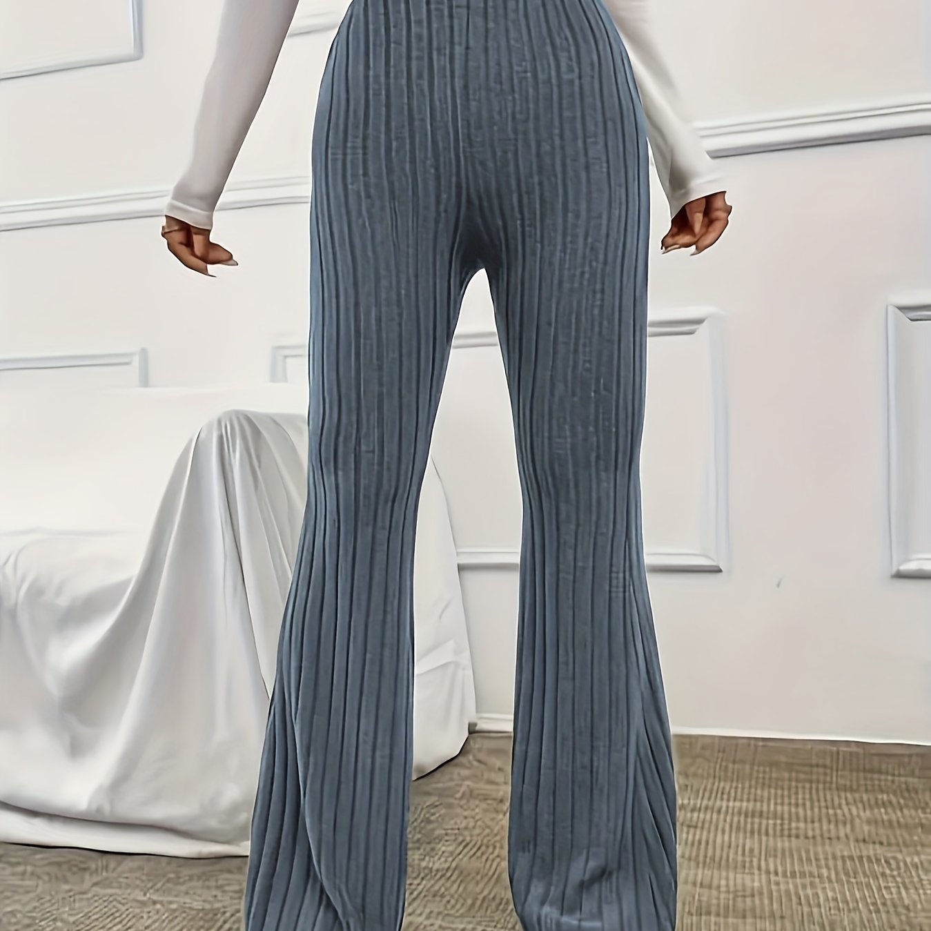 Elegant Ribbed Polyester Long Pants - High Elasticity, Solid Chic, Easy Care, Perfect for Spring & Fall