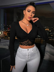 Charming Cropped Lace V-Neck T-shirt - Solid Color Long Sleeve Top - Womens Casual Fashion Essential