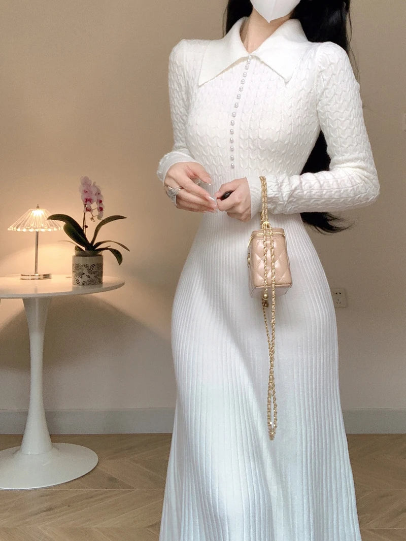 Elegant White Knitted Dresses for Women Autumn Winter Korean Fashion Slim A-line Long Sleeves Sweater Casual Female Clothes