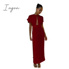 Ingvn - Casual Hollow Out Pleated Dress For Women Fashion Flare Sleeve Backless A Line Dresses Spring summer O Neck Office Lady dress