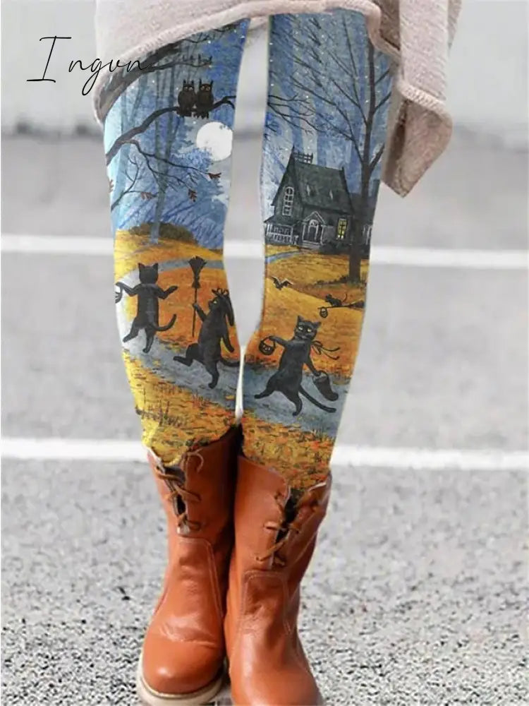 Ingvn - Women's Fleece Pants Tights Leggings Full Length Print High Elasticity Medium Waist Fashion Tights Halloween Picture color 21 Picture color 34 S M