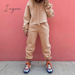 Ingvn - Fashion Loose Casual Hoodie Suit Two Piece Set Womens Tracksuits  Womens Solid Color Two Piece Sets Thick Warm Suits