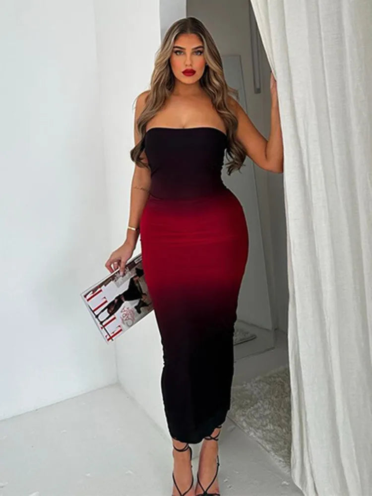Off-shoulder Backless Sexy Maxi Dress For Women Gown Gradient Strapless Sleeveless Bodycon Club Long Dress Vestido
