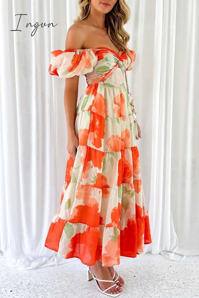 Ingvn - Sweet Elegant Floral Hollowed Out Off the Shoulder Printed Dress Dresses