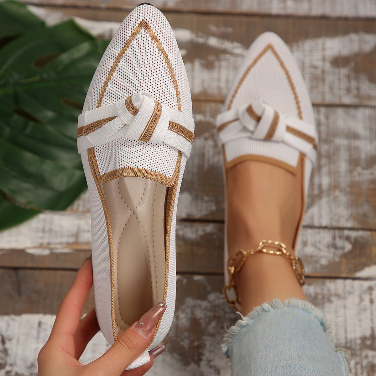 Slimming pointed toe plus size flat single-layer shoes for women fashionable flying woven slip-on bow casual breathable color matching single