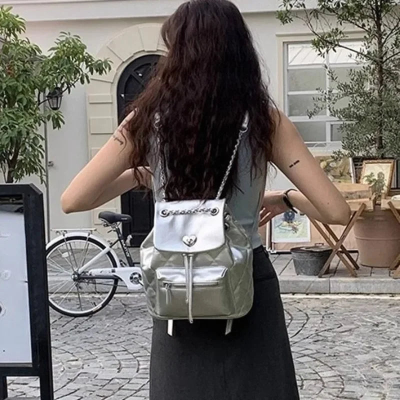 Ingvn  Silver Elegant Womens Backpack Fashion Casual Designer Small Aesthetic Backpacks Simple Literary Female Korean Popular Bag