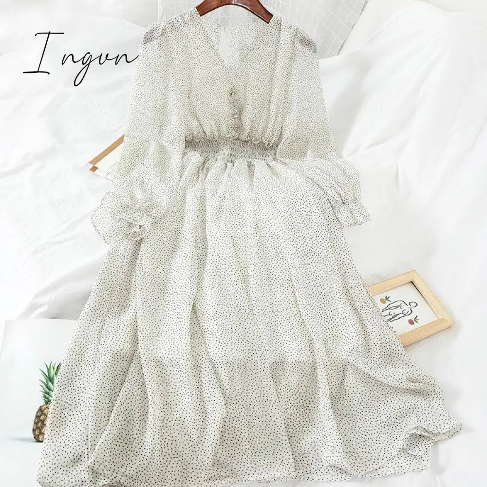 Ingvn - New Autumn V Neck Polka Dot Slim Chiffon Dress Button Puff Sleeve High Waist Elegant Women Mid-calf Dress
