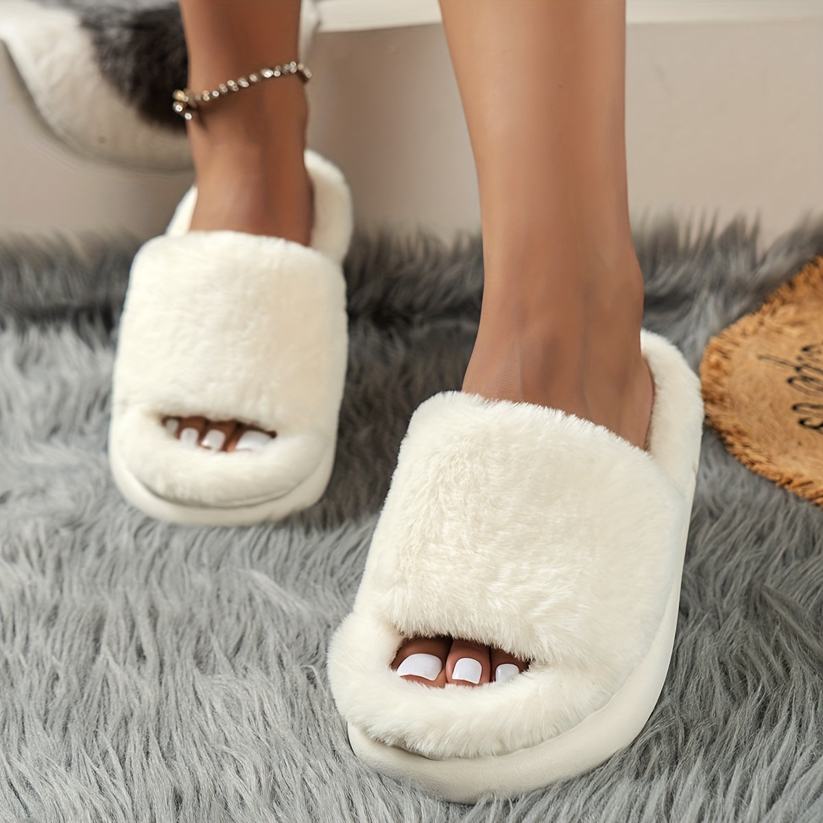 CozyPlus Furry House Slippers - Slippers with Single Band Open Toe Platform, Fuzzy Comfy Warm Design for Home Relaxation - Perfect for Cold Winter Days