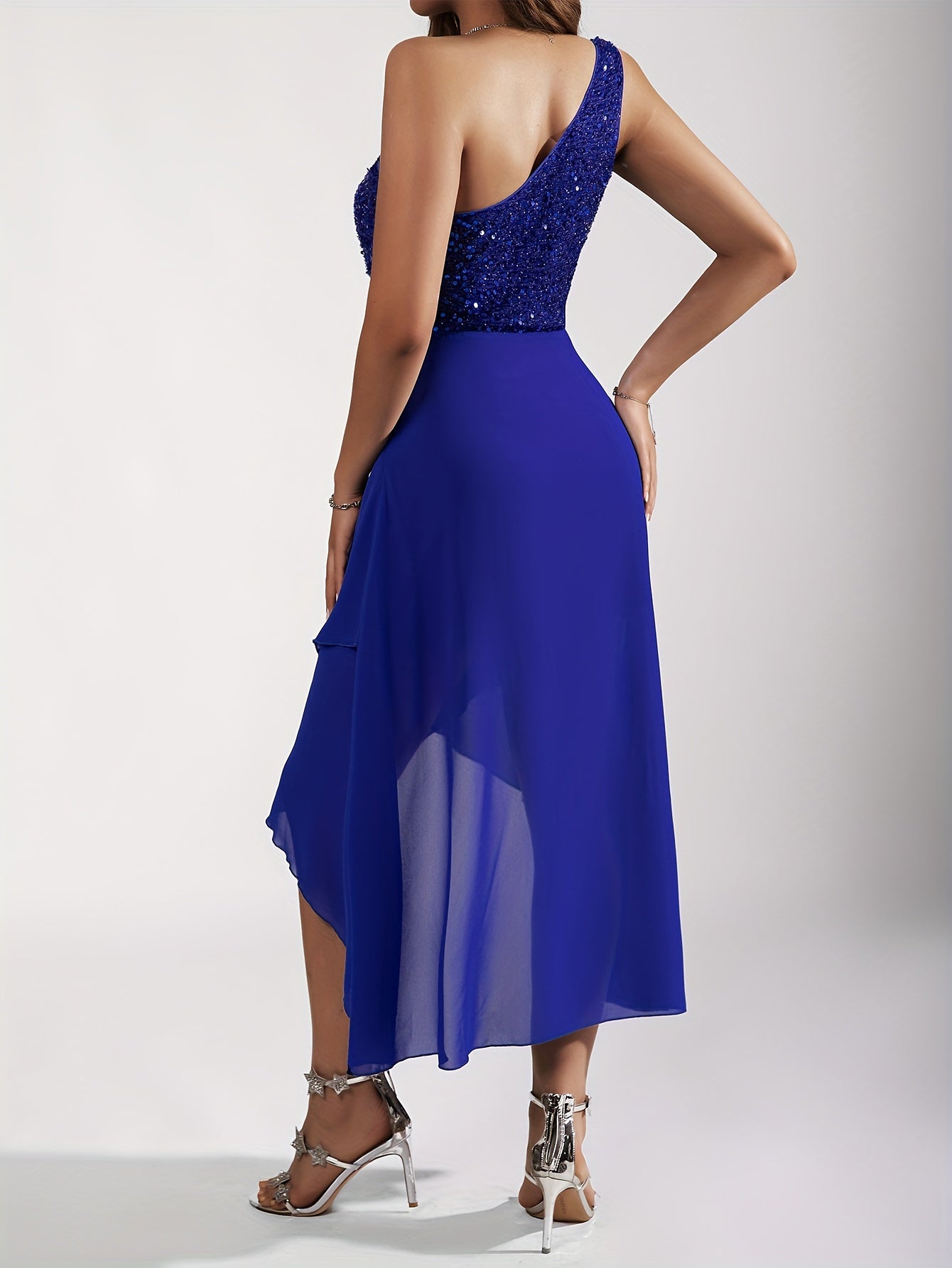 Sequin One-shoulder Tulip Dress, Elegant Sleeveless Dress For Party & Banquet, Women's Clothing