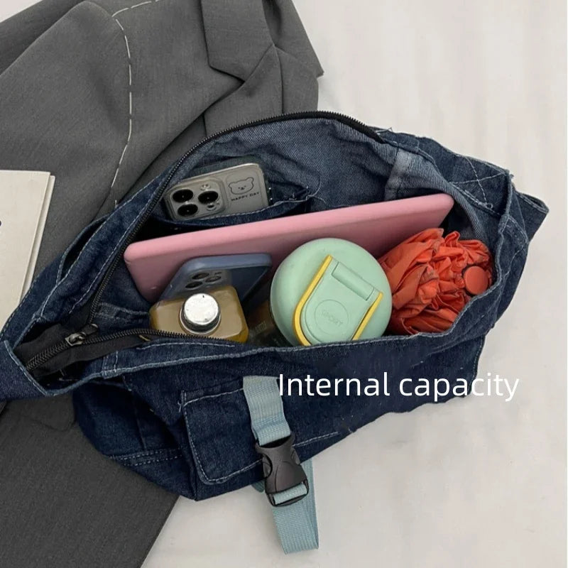 Ingvn  Large Capacity Denim Messenger Bag for Women Crossbody Bag for Students Single Shoulder Tote Bag for Class