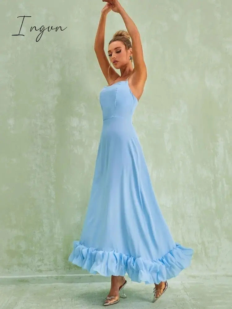 Ingvn - Elegant Flower Hem Sexy Midi Dress Women Spaghetti Strap Sleeveless Backless A- Line Loose Temperament Long Dress