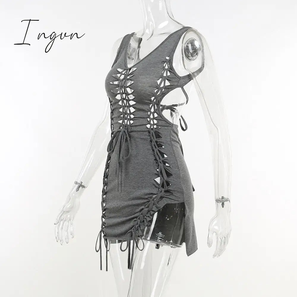 Ingvn - Dark Gray Hollow Out Mini Dress Sexy Drawstring Bandage Backless Summer Dresses for Women 2023 Birthday Party Clubwear