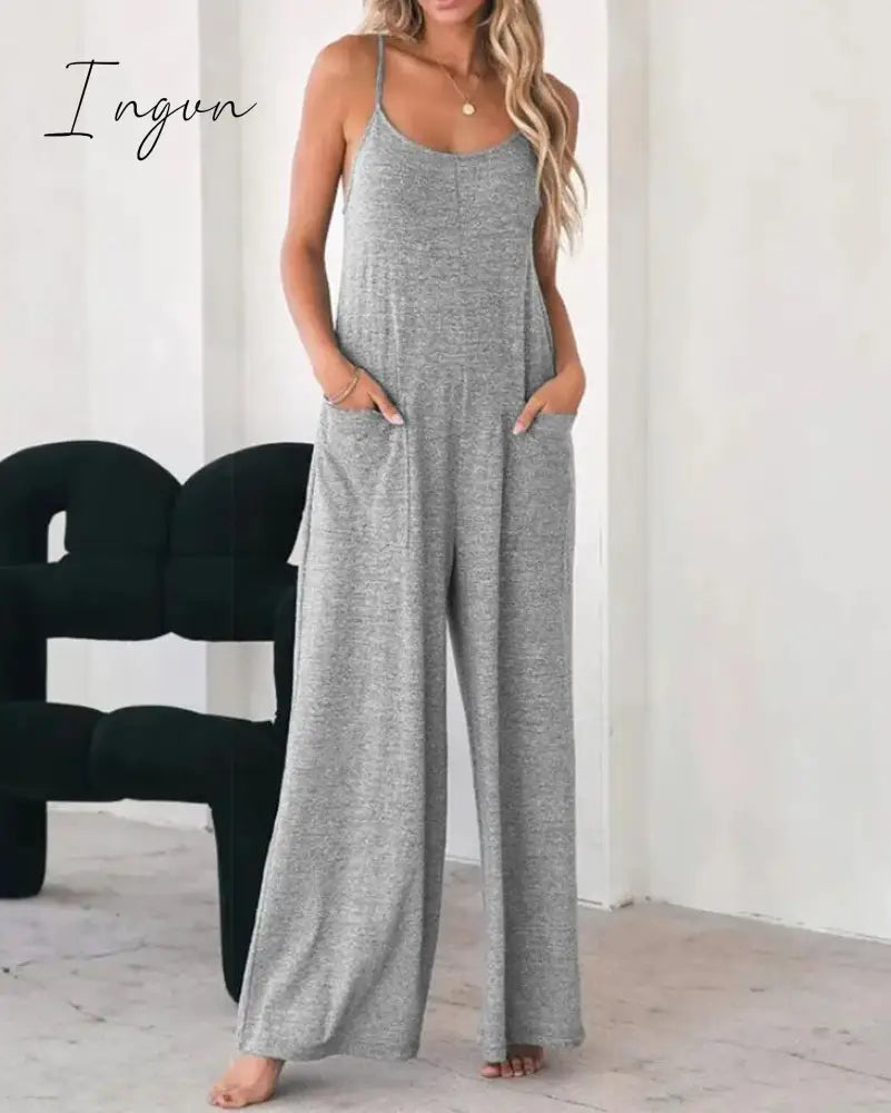 Ingvn - Jumpsuit For Women 2023 Fashion Grey Pocket Design Spaghetti Strap  Casual Home Daily Chic Loose Wide Leg Cami Jumpsuit