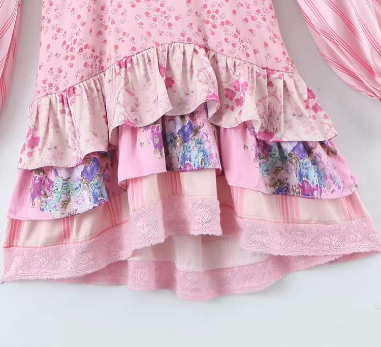 Boho Inspired pink floral dress women mini patchwork summer dress long sleeve V-neck ruffled dress chic sweet ladies party dress