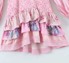 Boho Inspired pink floral dress women mini patchwork summer dress long sleeve V-neck ruffled dress chic sweet ladies party dress