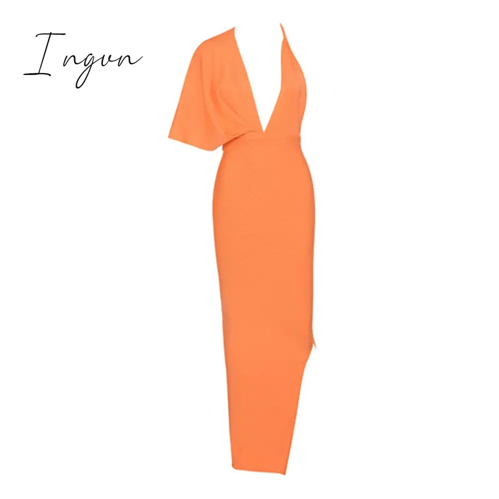 Ingvn - 2023 Fashion Trends Draped Backless Women Side Split Evening Club Party Dress New Sexy V Neck Orange Black Long Bandage Dress Vestidos
