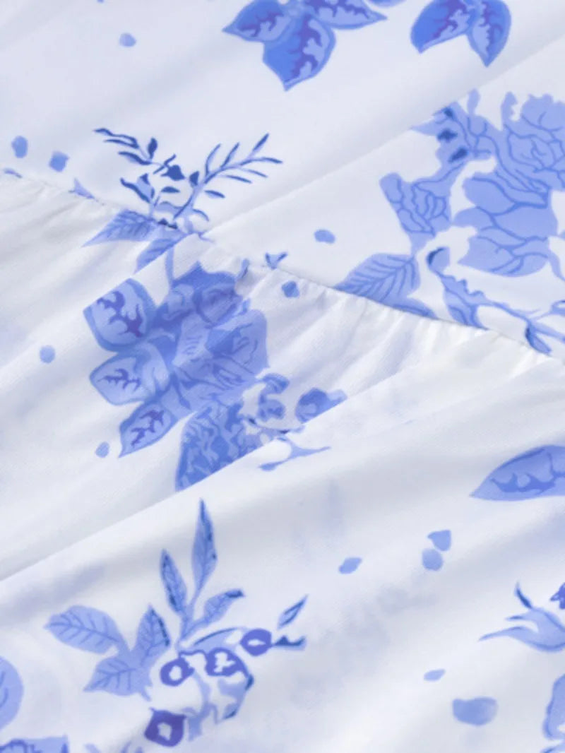Ingvn  Blue Floral Print Strapless Summer Dresses for Women Sleeveless High Waist Backless Ruffles Irregular Split Evening Party Dress