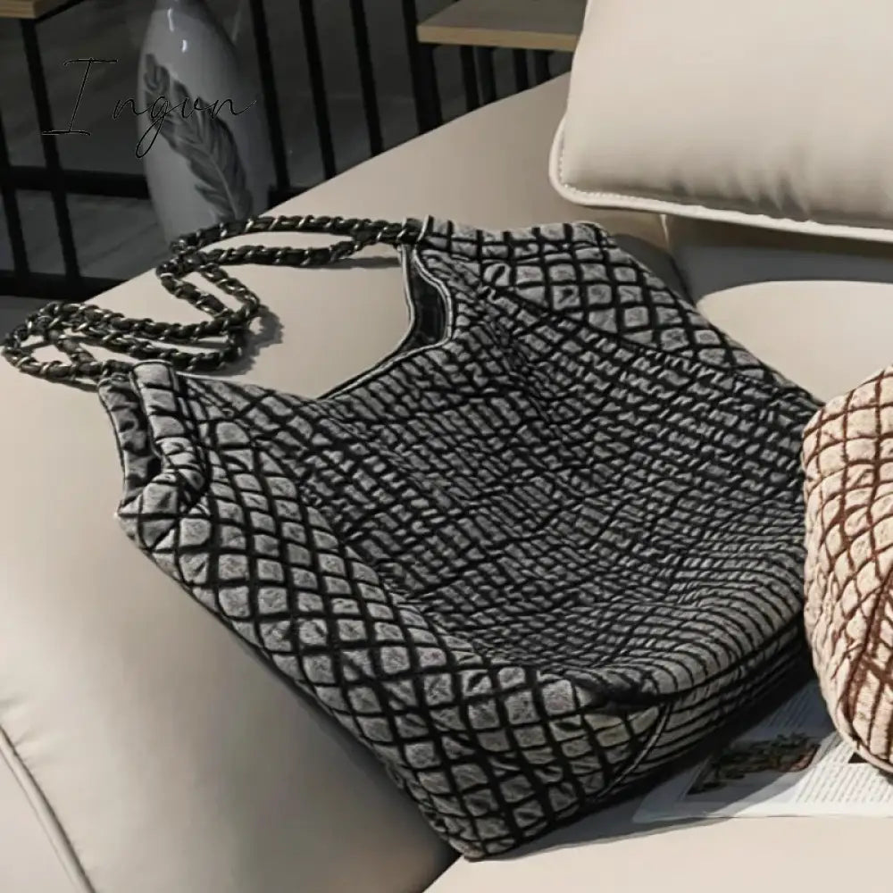 Ingvn - Large Capacity Tote Bags For Women Luxury Designer Handbags And Purses 2024 New In Denim Cloth Embroidery Rhombus Chain Shoulder