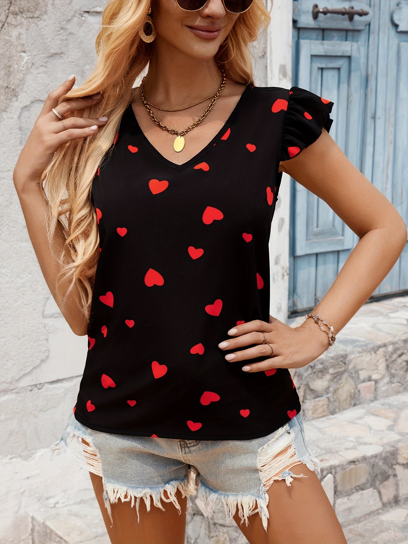 Heart Print Ruffle Trim Blouse, Casual V-neck Blouse For Spring & Summer, Women's Clothing