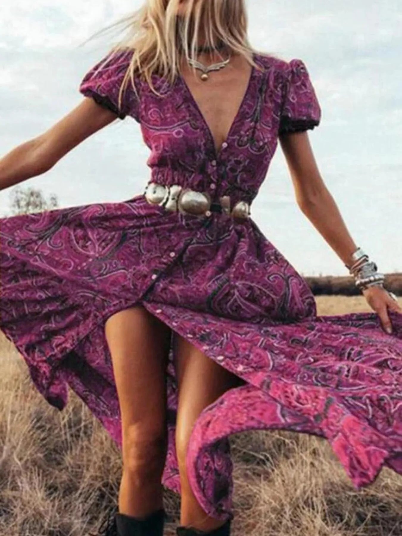 Full Size Printed Puff Sleeve Maxi Dress Plus Size